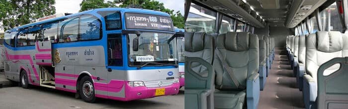 Vue extérieure et intérieure d'un luxueux bus VIP en Thaïlande, offrant des sièges 2+1 par rangée pour un espace passager amélioré.